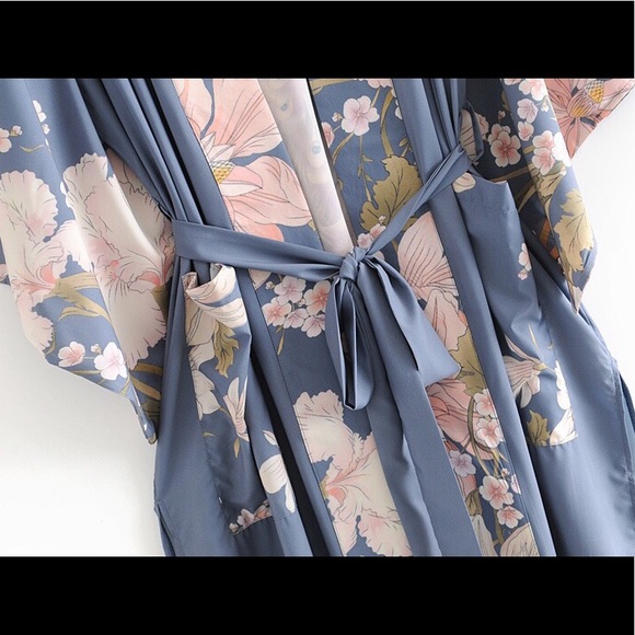 Boho Peacock Bird Of Paradise Kimono, Dusty Blue - Picture 8 of 10